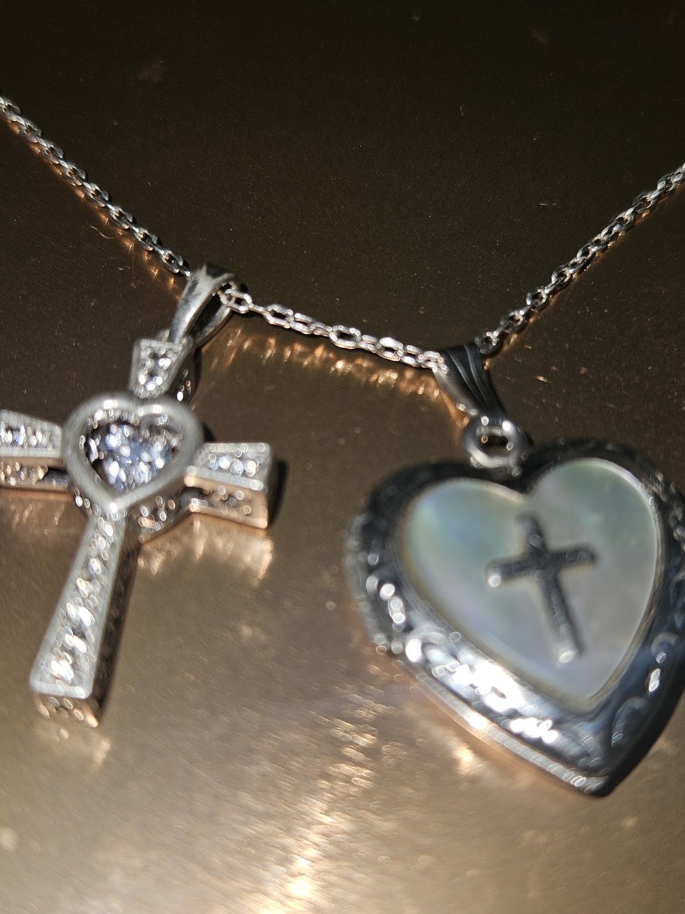 Silver Heart and Cross Pendant Necklace with Pearlescent Inlay